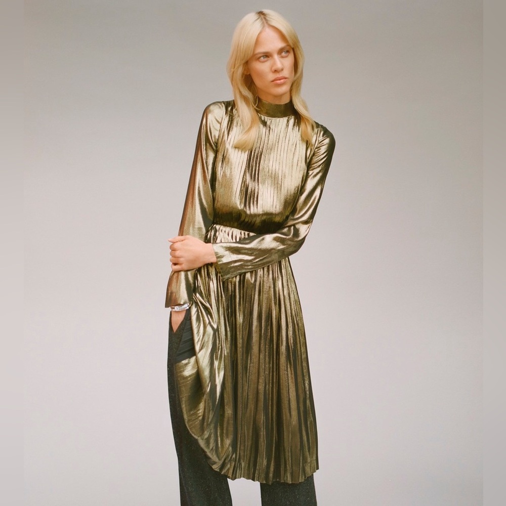 Loewe Shiny Pleated Lurex Midi Length Dress. Sweet shiny metallic olive green. - Picture 2 of 15